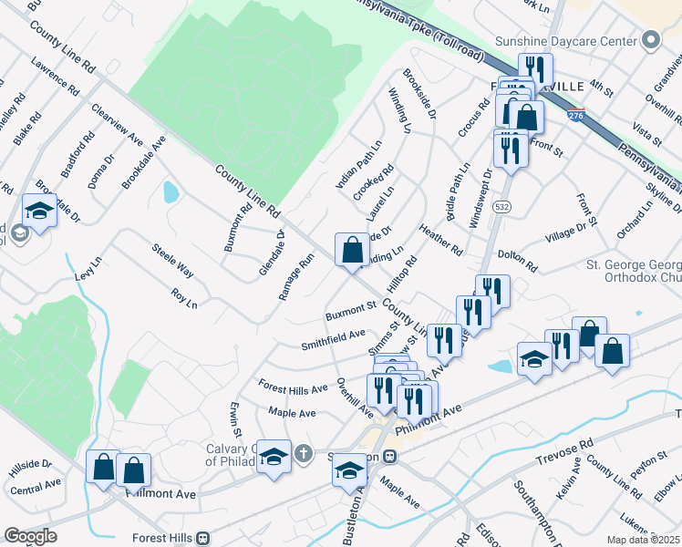 map of restaurants, bars, coffee shops, grocery stores, and more near 106 County Line Road in Philadelphia