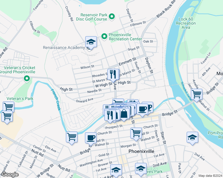 map of restaurants, bars, coffee shops, grocery stores, and more near in Phoenixville