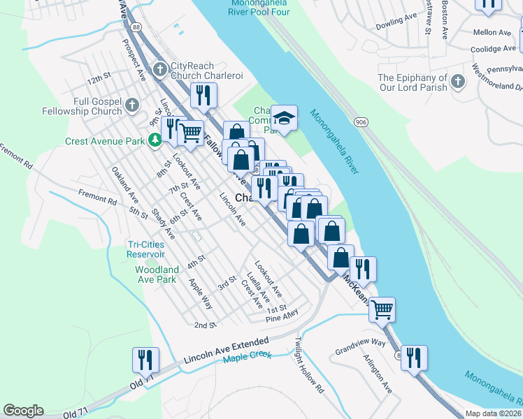 map of restaurants, bars, coffee shops, grocery stores, and more near 421 Fallowfield Avenue in Charleroi