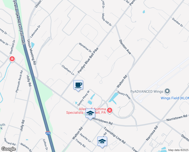 map of restaurants, bars, coffee shops, grocery stores, and more near 1417 Royal Oak Drive in Blue Bell