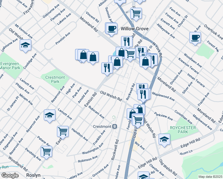 map of restaurants, bars, coffee shops, grocery stores, and more near 2304 Parkview Avenue in Willow Grove