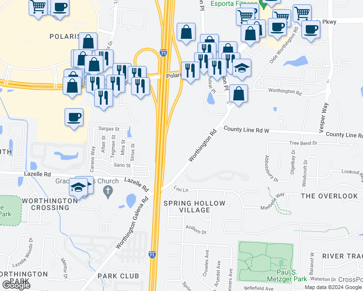 map of restaurants, bars, coffee shops, grocery stores, and more near 9200 Olde Worthington Road in Westerville