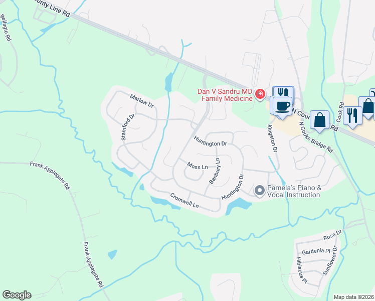 map of restaurants, bars, coffee shops, grocery stores, and more near 75 Huntington Drive in Jackson Township