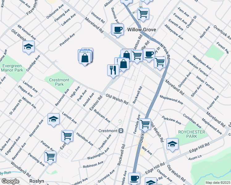 map of restaurants, bars, coffee shops, grocery stores, and more near 2312 Parkview Avenue in Willow Grove