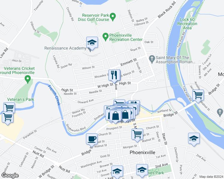 map of restaurants, bars, coffee shops, grocery stores, and more near 405 Vanderslice Street in Phoenixville