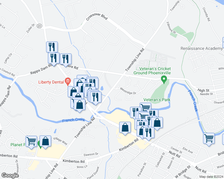 map of restaurants, bars, coffee shops, grocery stores, and more near 115 Westridge Place South in Phoenixville