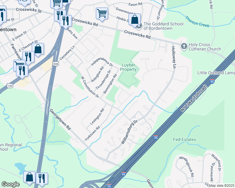 map of restaurants, bars, coffee shops, grocery stores, and more near 5 Delaware Drive in Fieldsboro