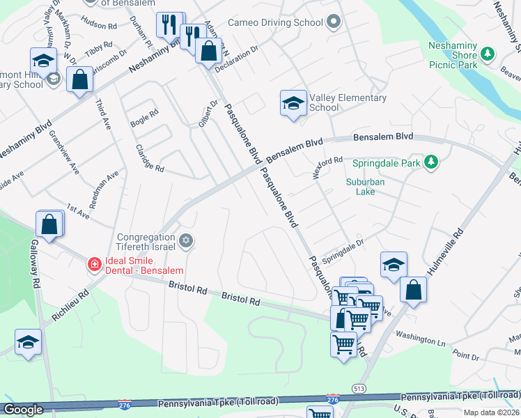 map of restaurants, bars, coffee shops, grocery stores, and more near 3349 Glendale Drive in Bensalem