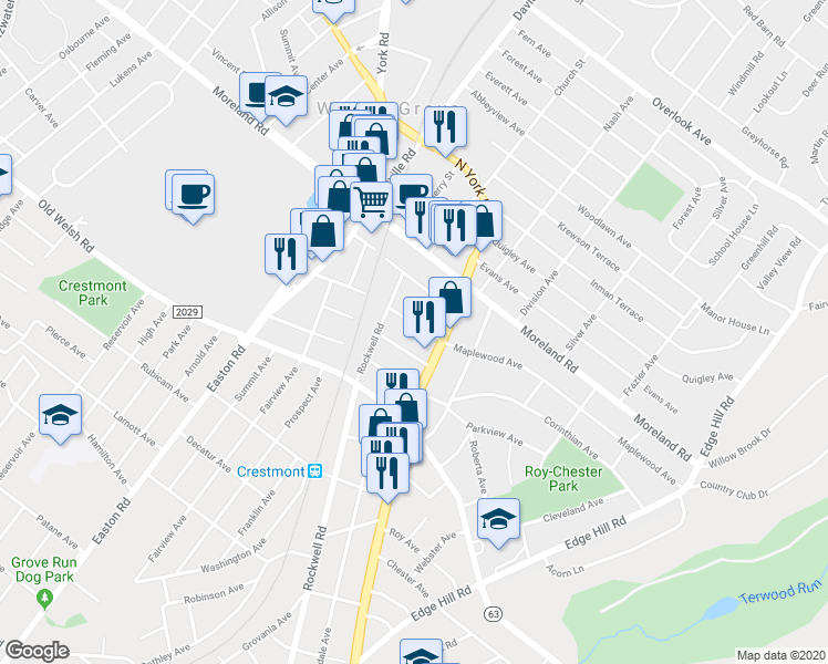 map of restaurants, bars, coffee shops, grocery stores, and more near 2122 Maplewood Avenue in Abington