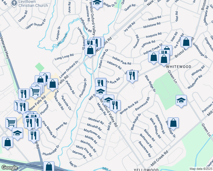 map of restaurants, bars, coffee shops, grocery stores, and more near 17 Idlewild Road in Levittown