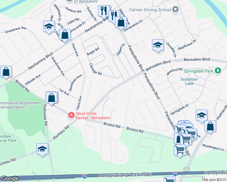 map of restaurants, bars, coffee shops, grocery stores, and more near 3320 Johns Court in Bensalem