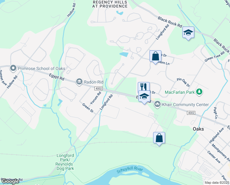 map of restaurants, bars, coffee shops, grocery stores, and more near 1002 Egypt Road in Phoenixville