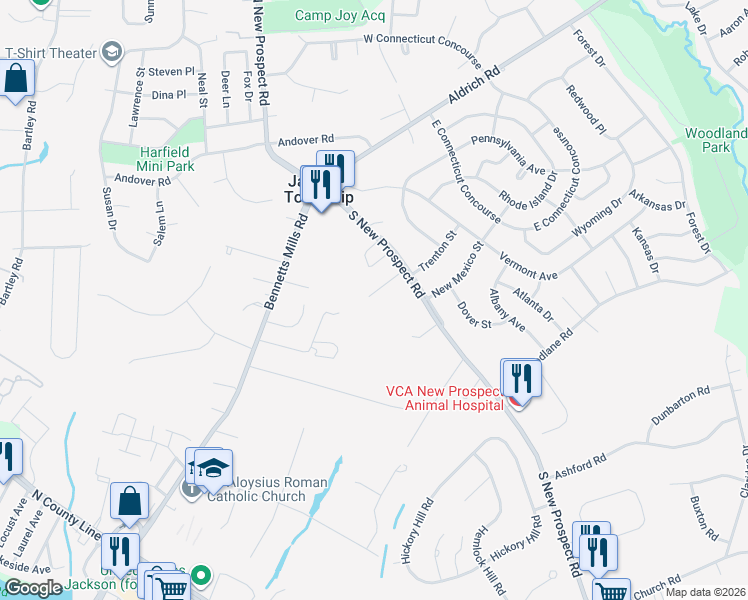 map of restaurants, bars, coffee shops, grocery stores, and more near 62 South New Prospect Road in Jackson Township
