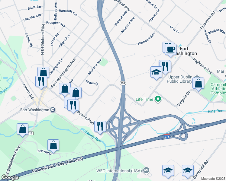 map of restaurants, bars, coffee shops, grocery stores, and more near 185 Commerce Drive in Fort Washington