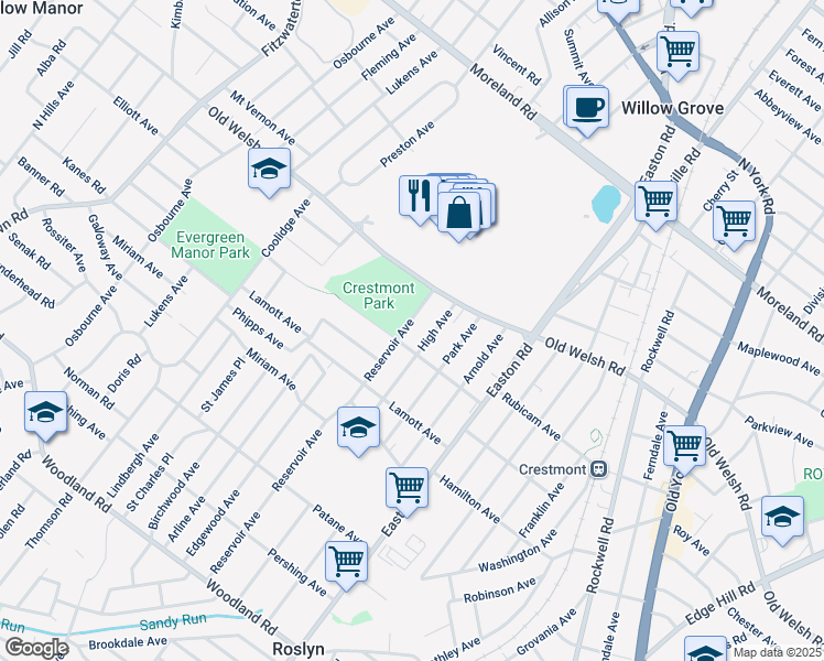 map of restaurants, bars, coffee shops, grocery stores, and more near 1711 Reservoir Avenue in Willow Grove