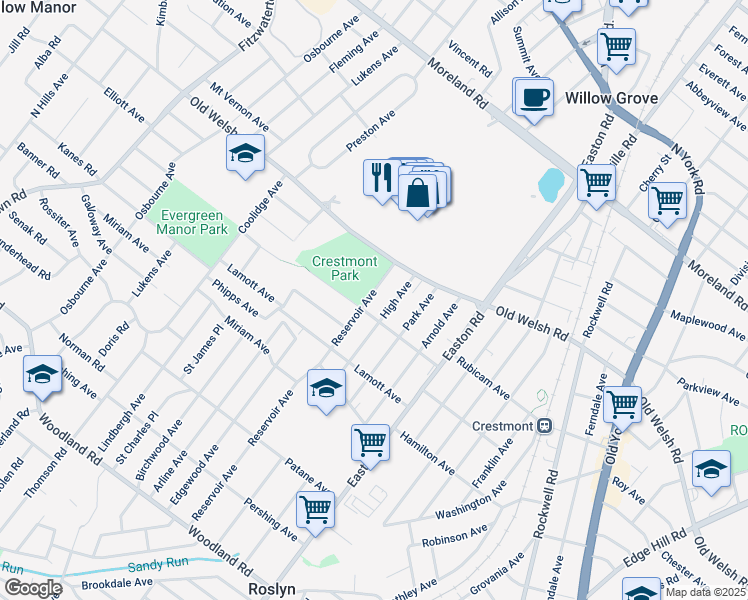 map of restaurants, bars, coffee shops, grocery stores, and more near 1711 Reservoir Avenue in Willow Grove