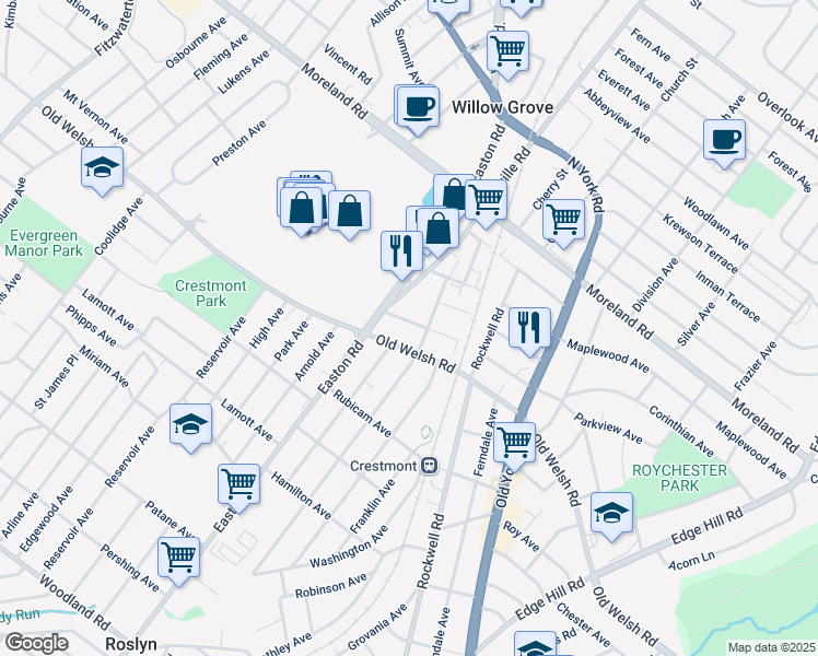 map of restaurants, bars, coffee shops, grocery stores, and more near 2312 Parkview Avenue in Willow Grove