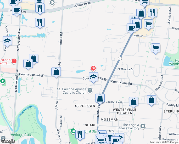 map of restaurants, bars, coffee shops, grocery stores, and more near 110 County Line Road West in Westerville
