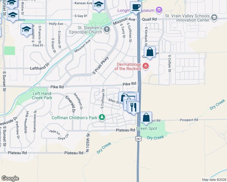 map of restaurants, bars, coffee shops, grocery stores, and more near 817 Incorrigable Circle in Longmont