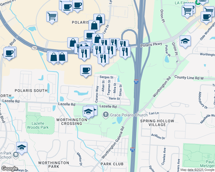map of restaurants, bars, coffee shops, grocery stores, and more near 8280 Tegmen Street in Columbus