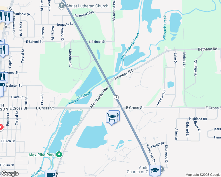 map of restaurants, bars, coffee shops, grocery stores, and more near 2126 Alexandria Pike in Anderson