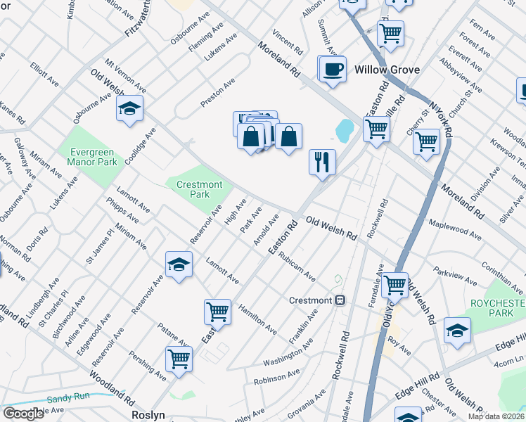 map of restaurants, bars, coffee shops, grocery stores, and more near 1740 Arnold Avenue in Willow Grove