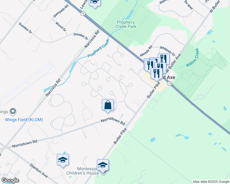 map of restaurants, bars, coffee shops, grocery stores, and more near 7 Equestrian Lane in Blue Bell