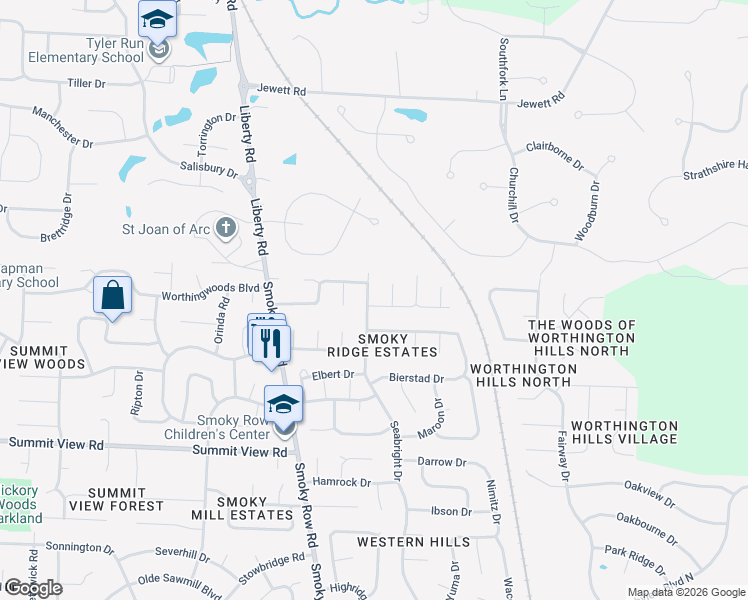 map of restaurants, bars, coffee shops, grocery stores, and more near 1894 Southwold Drive in Powell