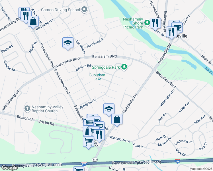 map of restaurants, bars, coffee shops, grocery stores, and more near 2528 Sharon Court in Bensalem