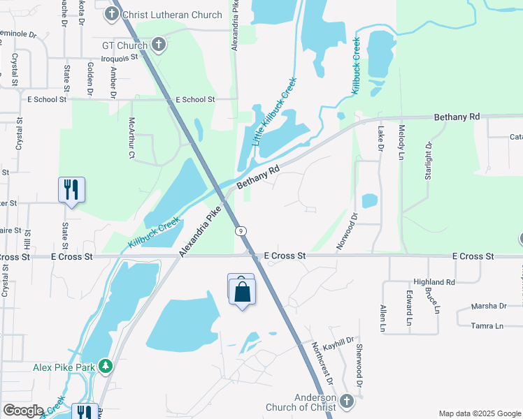 map of restaurants, bars, coffee shops, grocery stores, and more near 1707 Bethany Road in Anderson