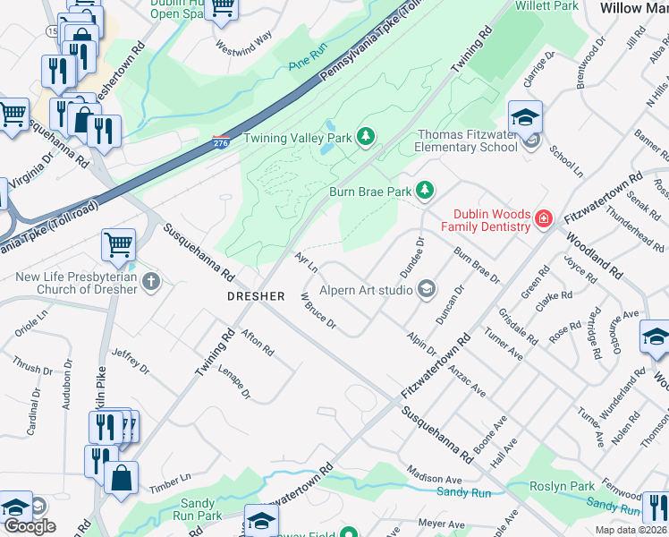 map of restaurants, bars, coffee shops, grocery stores, and more near 3237 Ayr Lane in Dresher