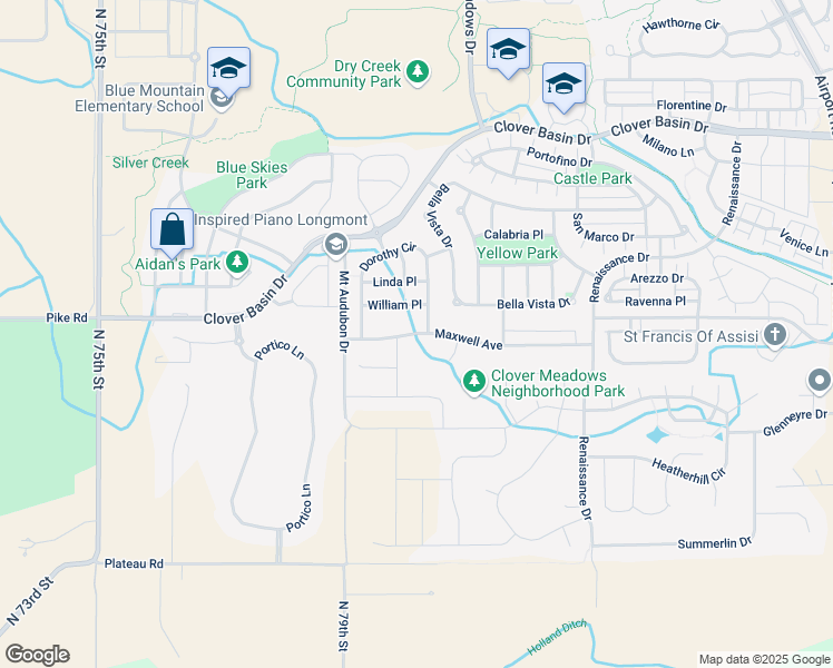 map of restaurants, bars, coffee shops, grocery stores, and more near 5051 Maxwell Avenue in Longmont