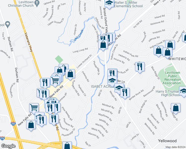 map of restaurants, bars, coffee shops, grocery stores, and more near 19 Peppermint Road in Levittown