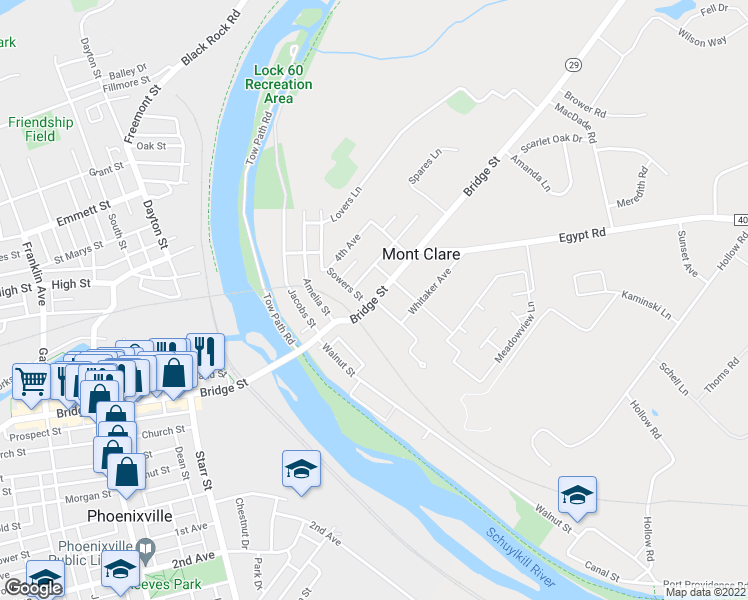 map of restaurants, bars, coffee shops, grocery stores, and more near 407 Bridge Street in Mont Clare