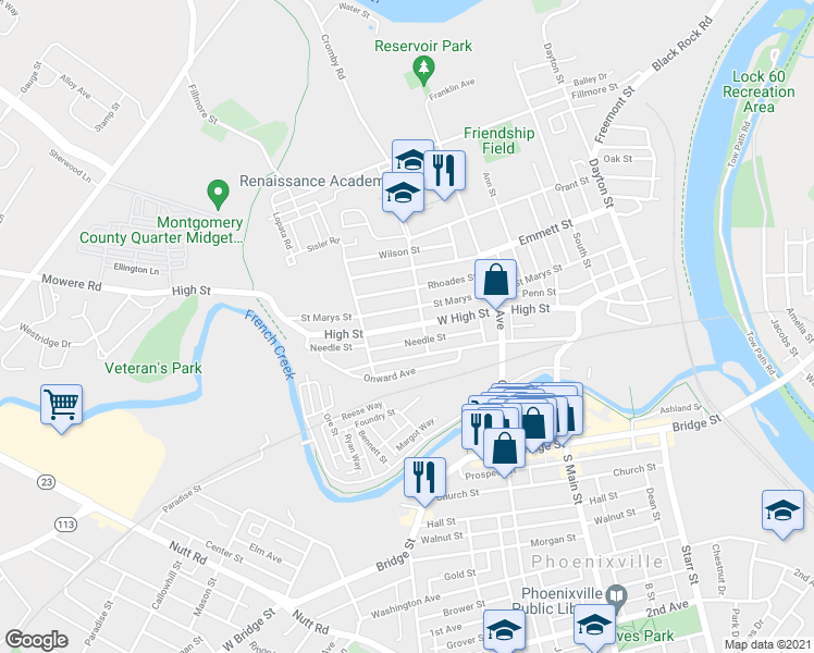 map of restaurants, bars, coffee shops, grocery stores, and more near 515 West High Street in Phoenixville