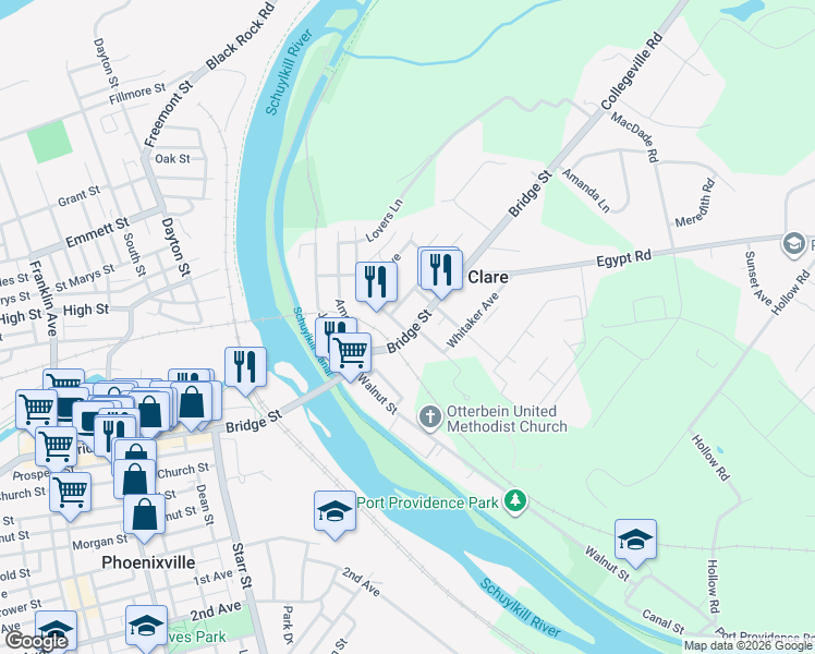map of restaurants, bars, coffee shops, grocery stores, and more near 114 Grace Street in Mont Clare