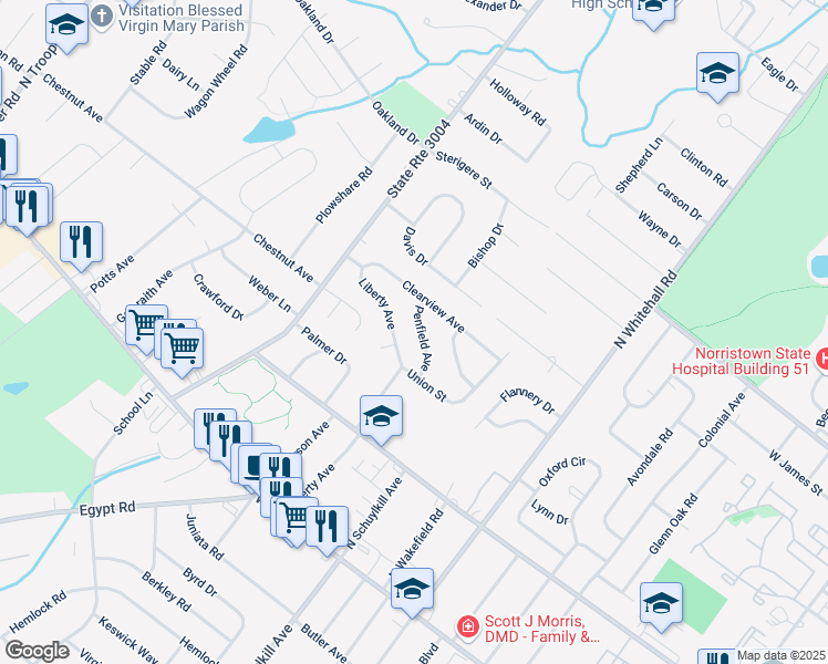 map of restaurants, bars, coffee shops, grocery stores, and more near 36 Penfield Avenue in Eagleville