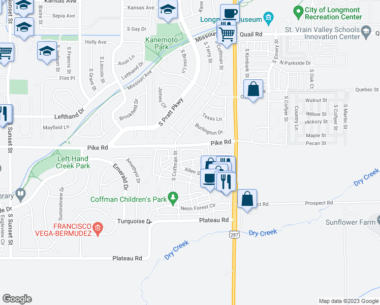 map of restaurants, bars, coffee shops, grocery stores, and more near 824 Neon Forest Circle in Longmont