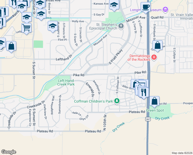 map of restaurants, bars, coffee shops, grocery stores, and more near 1980 Amethyst Drive in Longmont