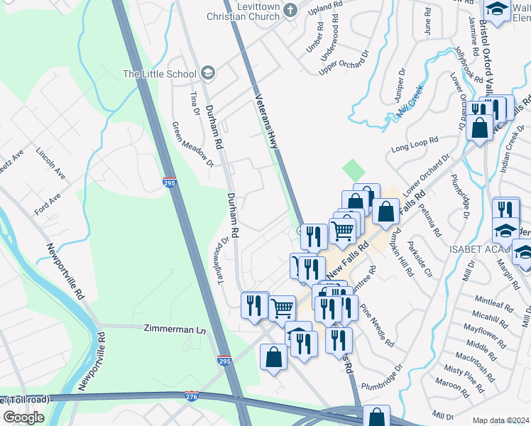 map of restaurants, bars, coffee shops, grocery stores, and more near 2130 Veterans Highway in Levittown