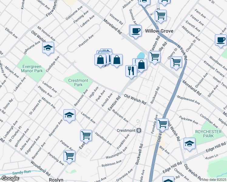 map of restaurants, bars, coffee shops, grocery stores, and more near in Willow Grove