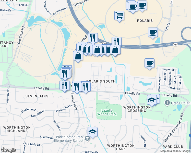 map of restaurants, bars, coffee shops, grocery stores, and more near 8352 Seattle Avenue in Columbus