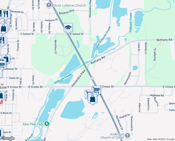 map of restaurants, bars, coffee shops, grocery stores, and more near 2126 Alexandria Pike in Anderson