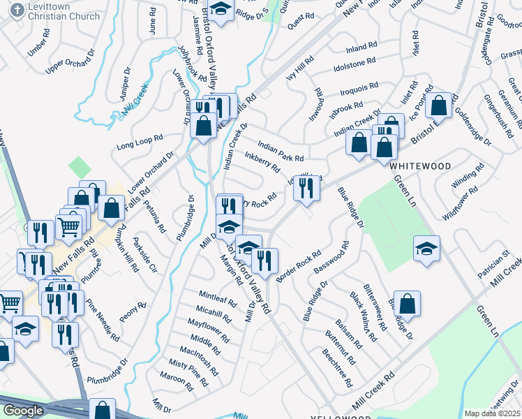 map of restaurants, bars, coffee shops, grocery stores, and more near 32 Ivory Rock Road in Levittown