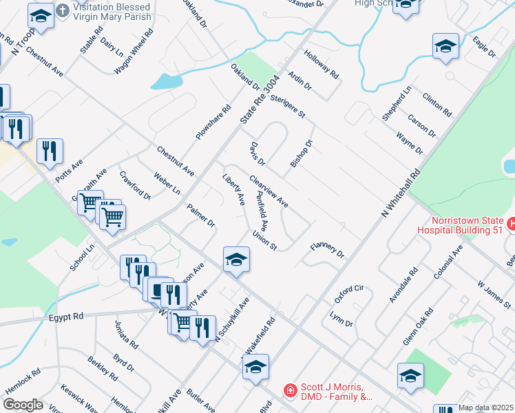 map of restaurants, bars, coffee shops, grocery stores, and more near 36 Penfield Avenue in Eagleville