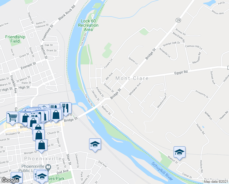 map of restaurants, bars, coffee shops, grocery stores, and more near 401 Bridge Street in Mont Clare