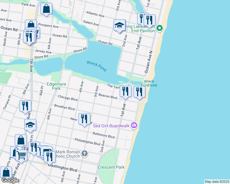 map of restaurants, bars, coffee shops, grocery stores, and more near 201 Beacon Boulevard in Sea Girt