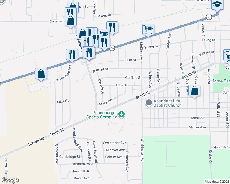 map of restaurants, bars, coffee shops, grocery stores, and more near 512 Sherwood Drive in Piqua