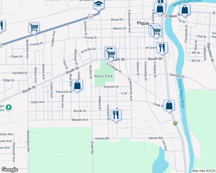 map of restaurants, bars, coffee shops, grocery stores, and more near Summit Street in Piqua