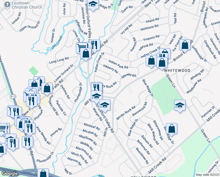 map of restaurants, bars, coffee shops, grocery stores, and more near 32 Ivory Rock Road in Levittown